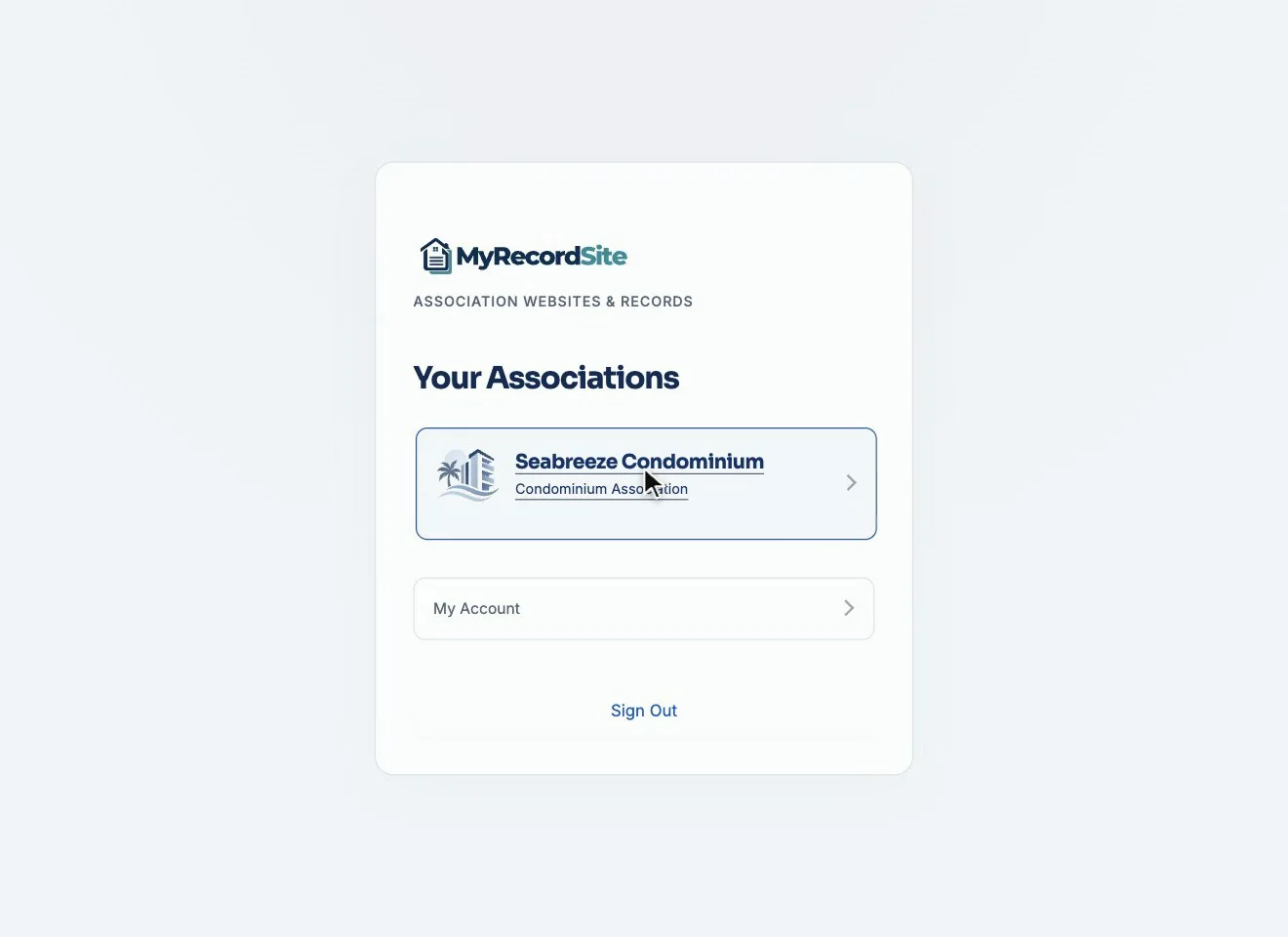 MyRecordSite Portfolio Workspace screen where an authorized user chooses the community to work in